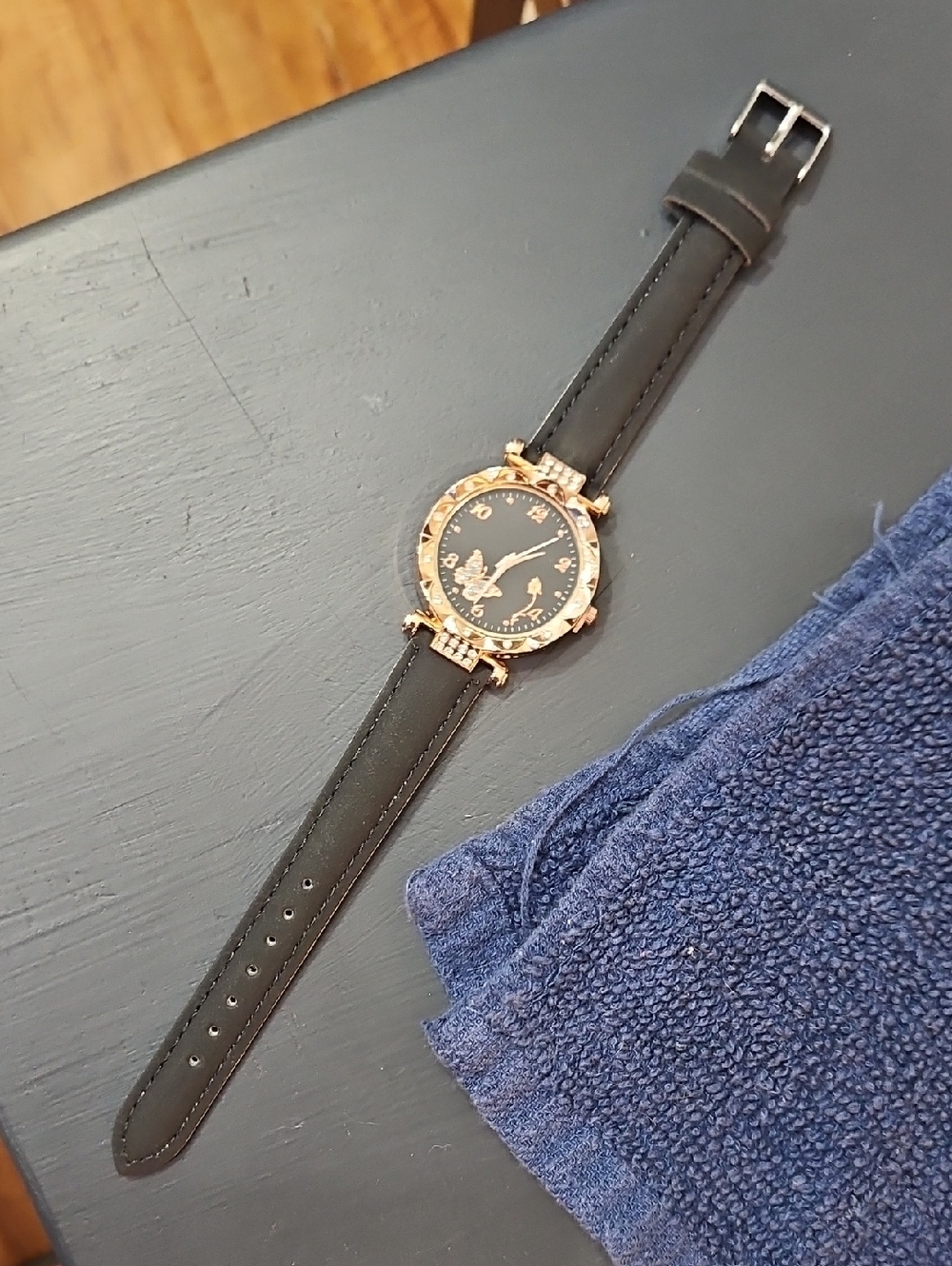 Black Leather Strap Watch with Gold-Tone Case
